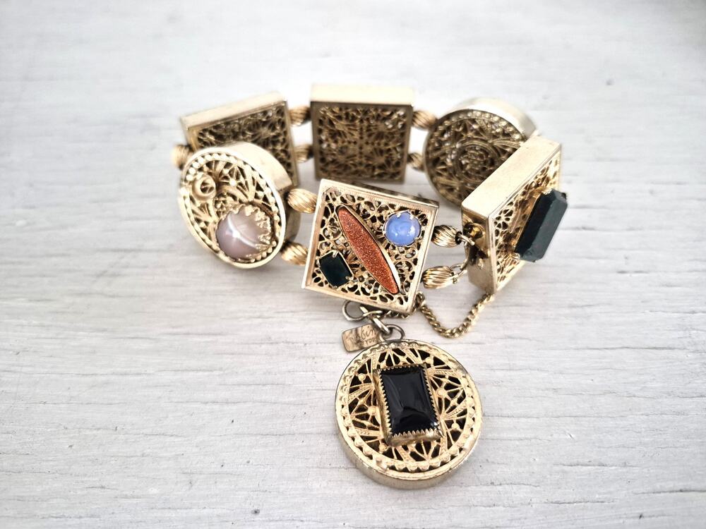 Vintage Kafin New York Chunky Ornate Multi-color Stone Panel Bracelet